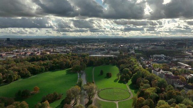 sunny day munich cityscape famous central park aerial panorama 4k germany