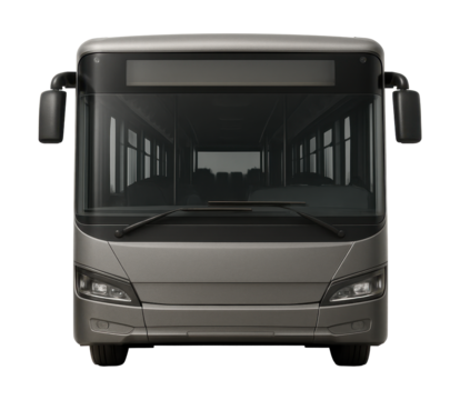 Single-deck city bus featuring large rectangular windows and dual rear axles.