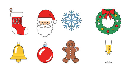 Christmas icons including Santa, snowflake, wreath, and gifts  