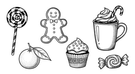 Hand-drawn assortment of sweet treats including lollipop, gingerbread, cupcake, and hot chocolate  