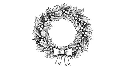 Christmas wreath with holly leaves and ribbon in sketch style  