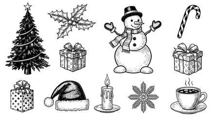 Christmas illustrations of tree, snowman, gifts, and decorations  
