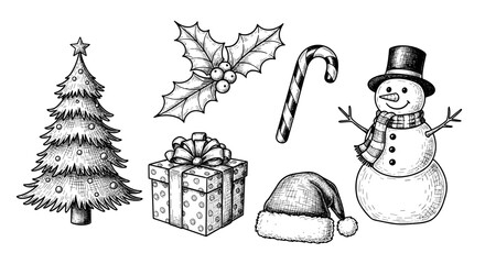 Christmas tree, snowman, candy cane, hat, and gift illustration  