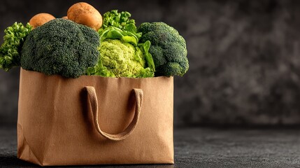 A brown paper bag filled with fresh, vibrant green vegetables, including broccoli, cauliflower, and leafy greens, sits on a dark surface against a textured backdrop.