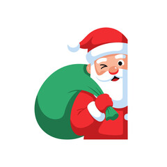 Santa Claus smiling and holding a green sack of gifts  