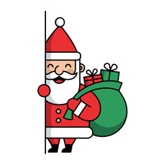 Cartoon Santa Claus holding a sack of gifts and smiling cheerfully  