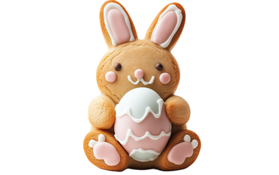 Adorable Easter bunny cookie featuring pastel colored egg and intricate icing artistry for seasonal dessert displays isolated on transparent background PNG