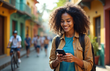 Smiling young woman uses phone in city street. Holds smartphone smiling enjoying mobile tech. Attractive female texting outdoor. Modern lifestyle cheerful happy girl walking in urban environment.