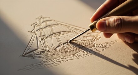 Wood carving of a sailing ship in warm artistic style, golden sunlight colors, handcrafted engraving