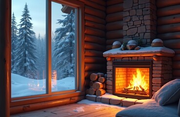 Interior view of log cabin with burning fireplace and snow covered pine trees outside large window. Warm light illuminates cozy winter scene.
