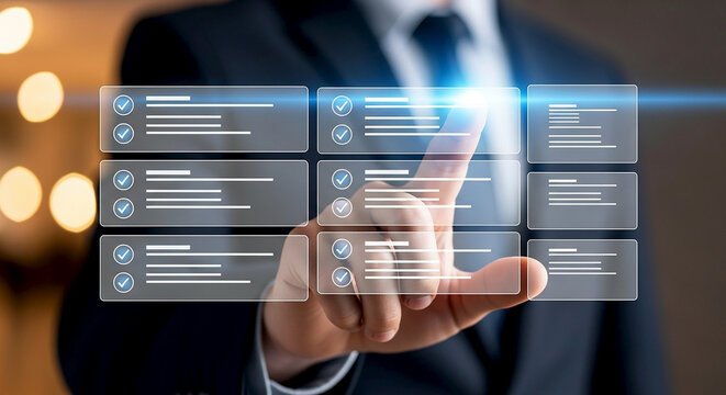 Digital transformation checklist Finger touches interface Workflow automation Business process management Productivity