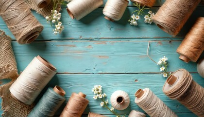 Spools of natural fiber thread and twine arranged on rustic blue wood surface. Small white wildflowers add delicate detail to this craft or sewing supply arrangement.