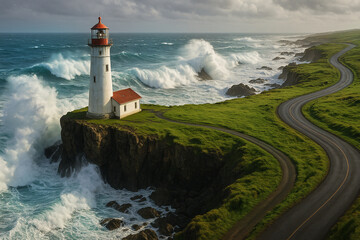 Lighthouse stands proudly on a rocky cliff as waves crash violently against it. A winding road leads through lush green hills, showcasing stunning coastal scenery Generative AI