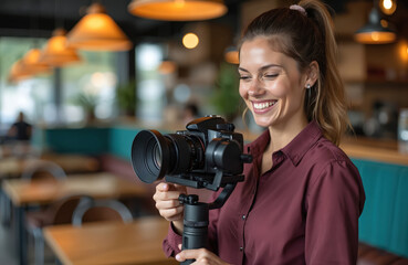 Smiling young woman videographer films with modern digital camera, handheld gimbal stabilizer. Works inside cafe restaurant, creating engaging video content for social media. Pro female shoots tech