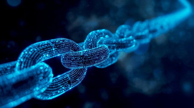 Futuristic blue digital chain made of glowing particles, symbolizing connection, strength, security and modern blockchain technology