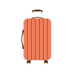Stylish coral suitcase with brown accents and retractable handle ready for an exciting vacation adventure, perfect for travel planning visuals