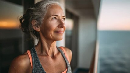 Smiling senior woman enjoying a cruise vacation with ocean views