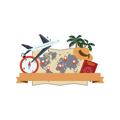 Embark on your next adventure with this vibrant travel collection featuring an airplane, passport, compass, world map, and palm trees, perfect for inspiring wanderlust and planning dream getaways.