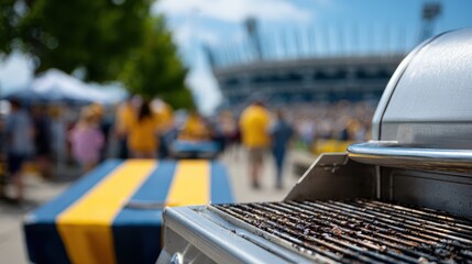 sports tailgate parties, vibrant street-scene showcases fans tailgating with grills, cornhole games, and a sea of team colors excitement fills the air against the backdrop of the stadium
