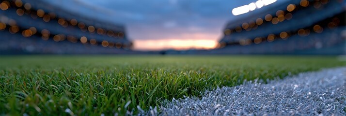 sports stadium event, high-res web banner featuring a twilight shot of a super bowl stadium with an illuminated field, players in motion, and firing confetti cannons