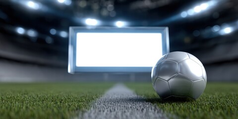 futuristic d postcard, futuristic stadium interior d postcard with a glowing football and customizable message box in vibrant lighting