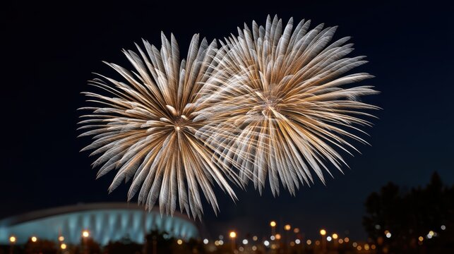 sports photography, beautiful long-exposure captures fireworks lighting up the super bowl stadium at night, marking the end of the game or halftime show