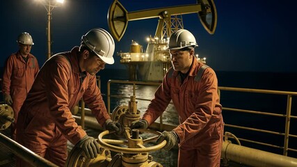 workers in orange suits operate industrial valves under yellow artificial light. Coordinated team performs maintenance on heavy machinery ensuring system stability. concept of offshore oil production.