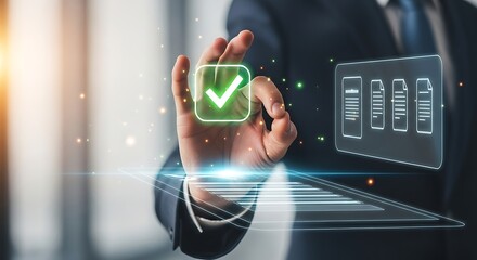 Digital compliance and validation presented as hologram with businessman gesture