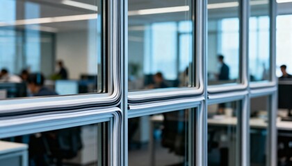 Medium shot focusing on multipaned soundproof glass window showcasing layered seals for enhanced noise reduction in a busy office environment.