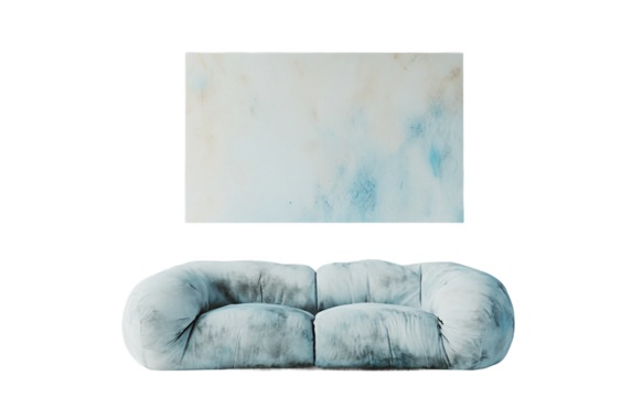 Modern light gray sofa with puffy cushions and abstract detailing ideal for stylish home decor isolated on transparent background PNG