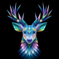 Colorful geometric deer head, low-poly design, vibrant crystal-like shapes, modern art illustration