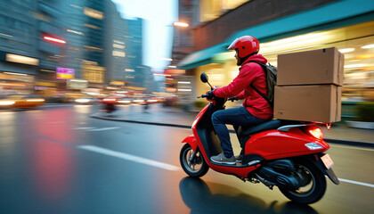 Man on red scooter rides fast through city at night. Driver carries packages on motorbike. Urban transport delivers goods quickly. Logistics service, e-commerce fast delivery.