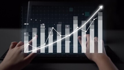 A business professional uses a laptop to analyze growth trends with digital graphs and charts, showcasing financial performance and data-driven decision-making. Copula - Powered by Adobe