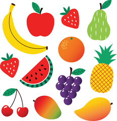 Colorful fresh fruit icon set vector illustration featuring banana apple strawberry pear orange watermelon grape cherry pineapple and mango