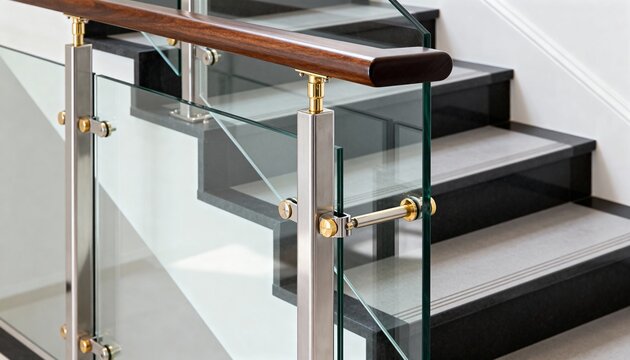Medium shot of a sleek glass balustrade fitting installed on a modern staircase highlighting its secure and elegant design for enhanced safety and style.