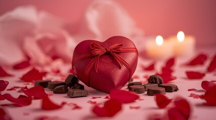 Romantic Heart Gift Amid Rose Petals and Candlelight
