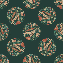 Naklejka premium A seamless pattern featuring stylized Christmas balls in bright colors. It conveys festive cheer and playful holiday spirit.