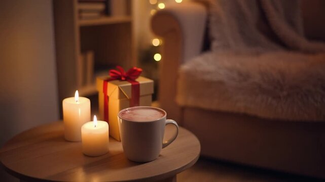 Steaming hot beverage in cozy warm room with flickering candles and festive gift box close up