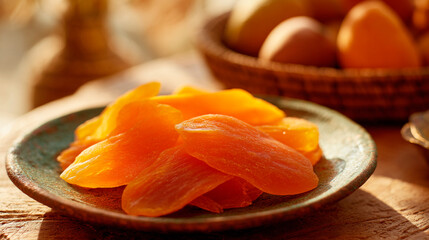 Vibrant Dried Mango Slices on Artisan Plate with Soft Warm Light and Natural Kitchen Setting