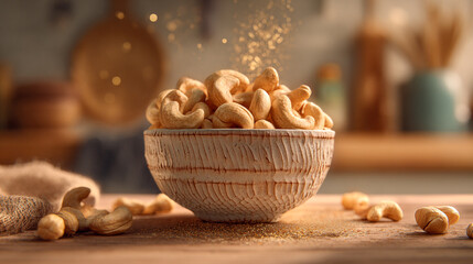 Premium Cashew Nuts in Textured Ceramic Bowl with Golden Ambient Light and Soft Organic Atmosphere