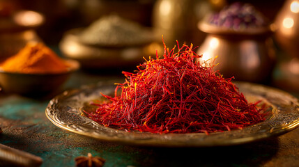 Saffron threads arranged on an ornate metal plate with soft warm lighting and rich culinary atmosphere