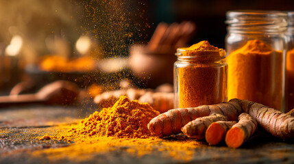 Bright turmeric powder and fresh turmeric roots on a wooden table with warm golden light and rustic cooking atmosphere