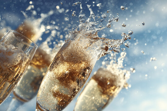 A group of champagne glasses are filled with champagne