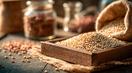 White Sorghum Grains Overflowing from Wooden Tray in a Warm Rustic Pantry Scene