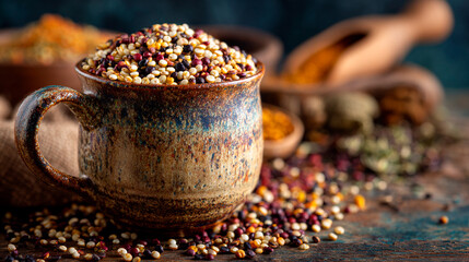 Tricolor quinoa blend in rustic ceramic cup with natural spices in warm artisan kitchen setting