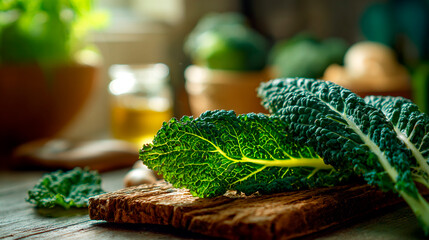 Fresh Tuscan Black Kale Leaves on Rustic Wooden Board with Natural Sunlight and Vibrant Green Texture