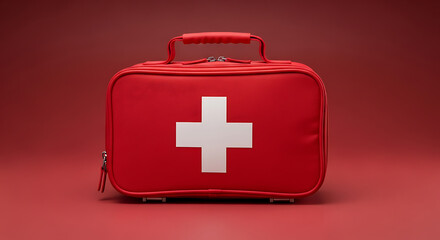 A close-up shot of a red first aid kit with a white cross on it.