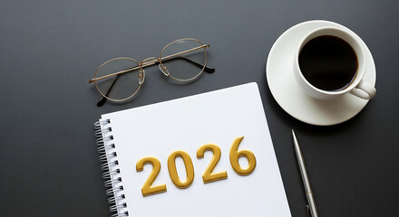 A notebook with the year 2026, glasses, a cup of coffee, and a pen on a dark surface.