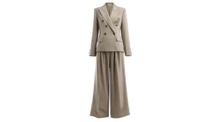 PNG of Elegant beige women's suit featuring a double-breasted blazer and wide-leg trousers, perfect for professional settings.