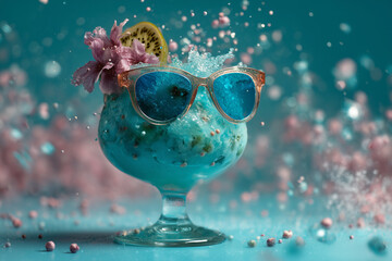 Fototapeta premium A blue drink with a flower and a lime slice in a glass with sunglasses on top